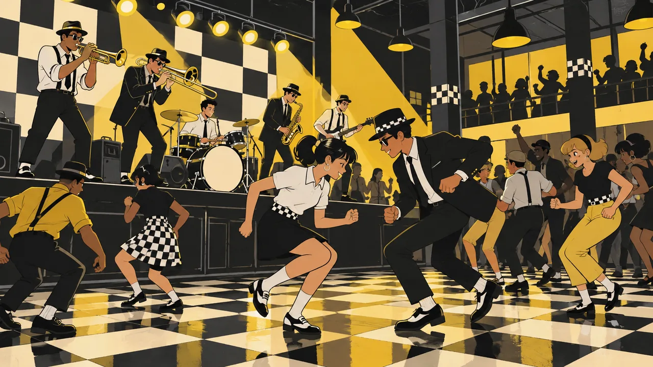 A checkerboard-floored dance hall, an original band with trumpets and trombones, dancers skanking with bent knees.