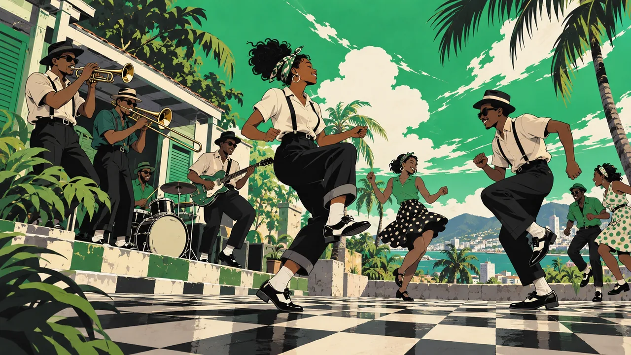 A '60s Jamaican-style street dance on a checkerboard floor, an original band with trumpet, trombone and guitar, dancers skanking.