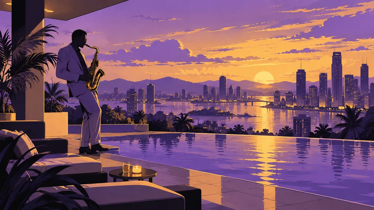 A rooftop pool lounge at twilight, city skyline, an original saxophonist in a soft suit, purple and gold reflections.
