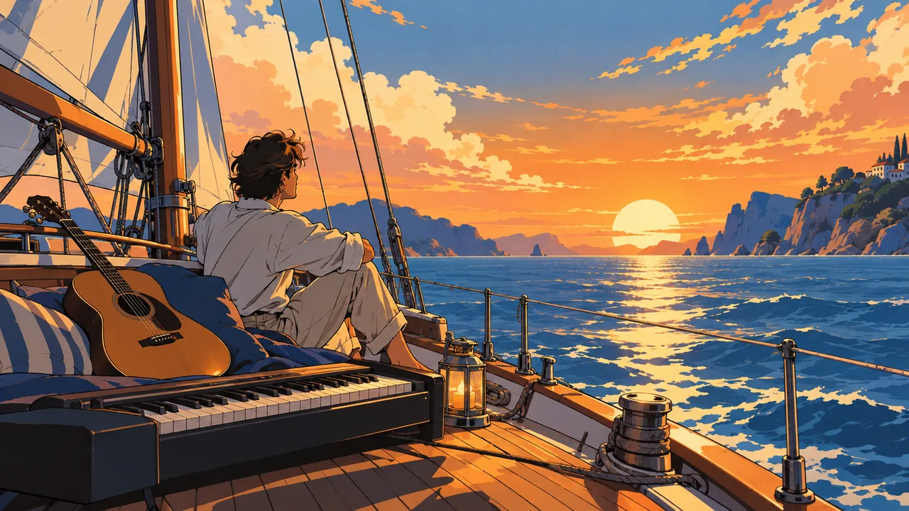 A calm late-'70s coastal evening, an acoustic guitar and electric piano on a wooden sailboat deck, an original musician watching a warm sunset.