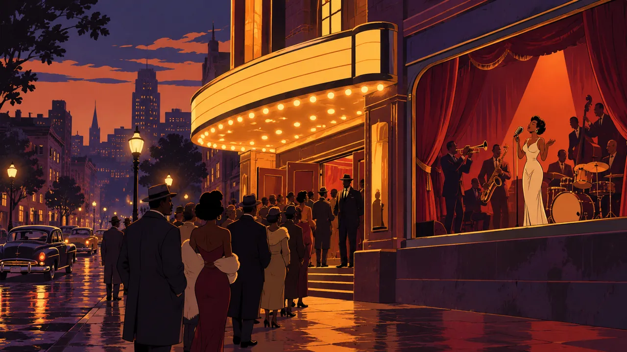 A 1960s neighbourhood theatre on a city corner, people queueing under a neon marquee, a singer onstage framed by red curtains and horn players.
