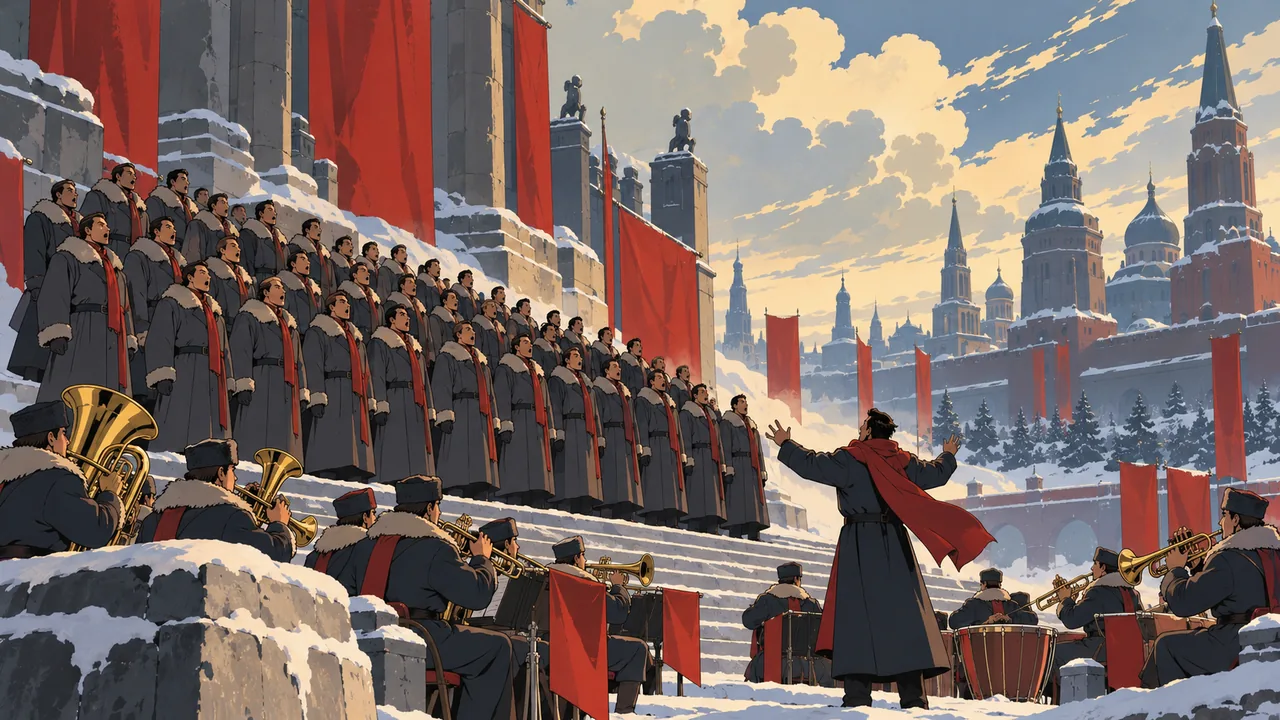 A snowy winter square, an original male choir in long greatcoats on broad steps, a brass band in front, domed towers and red banners beyond.