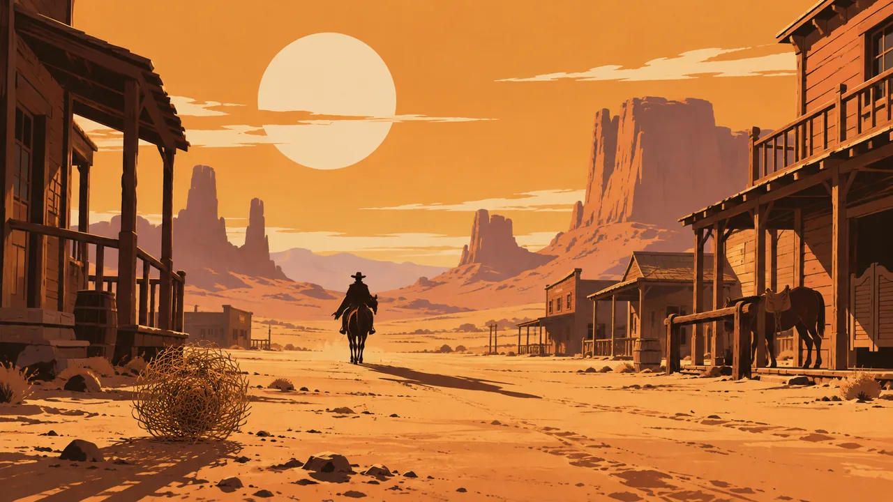 A sun-scorched desert town street at high noon, an original lone rider silhouette, tumbleweed, long shadows.