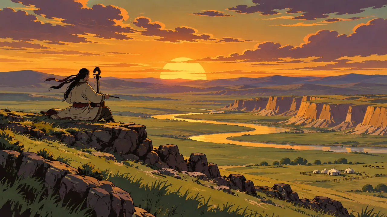 Loess plateau meeting grassland at sunset, an original singer on a ridge with a horsehead fiddle, wind-blown, open sky.