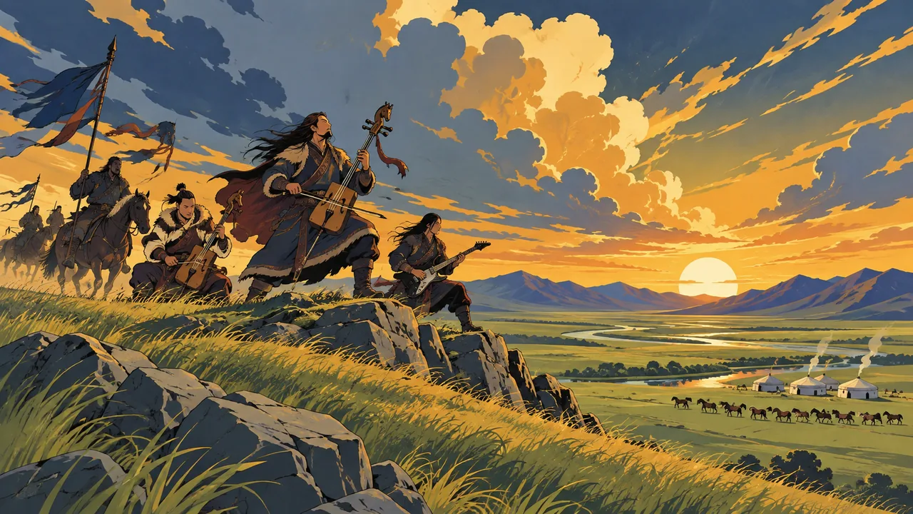 Endless grassland under a dramatic sky, original riders galloping beside musicians with horsehead fiddles and electric guitars on a hill, yurts in the distance.