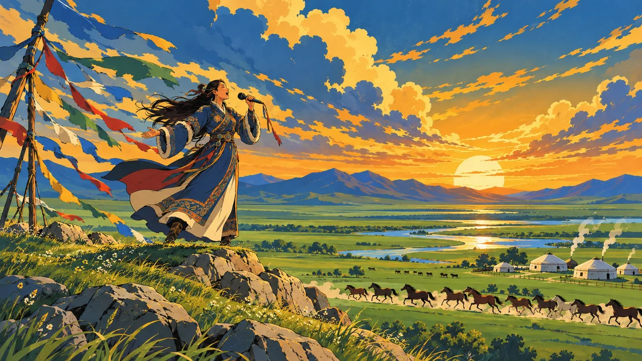Une vaste prairie à l'heure d'or, un chanteur original sur une scène au sommet d'une colline, des chevaux au galop et des yourtes blanches en contrebas, des rubans au vent.