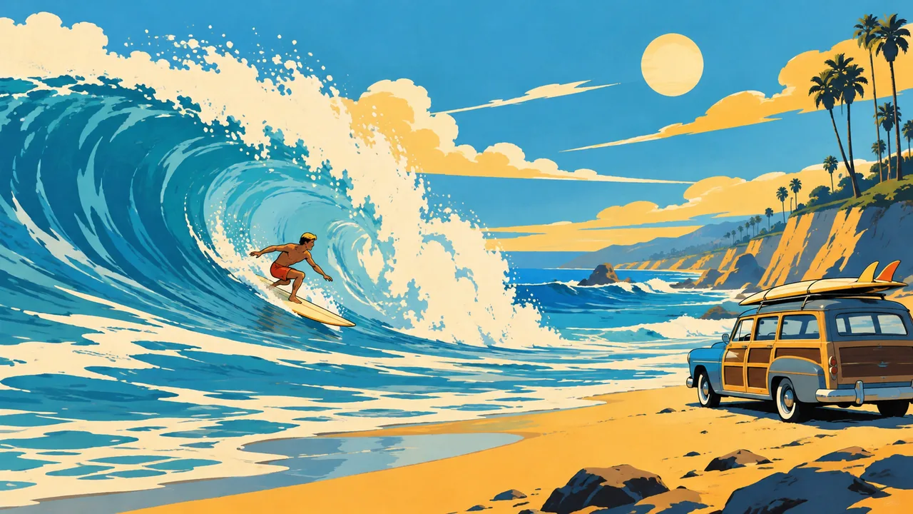 A sunny '60s California beach, a big curling wave in flat shapes, an original surfer riding, a woodie wagon on the sand.