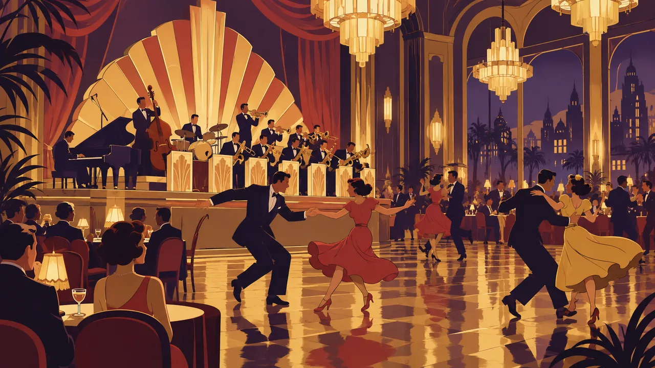 A 1930s art-deco ballroom, a big band on a shell-shaped stage, dancers spinning under golden light.