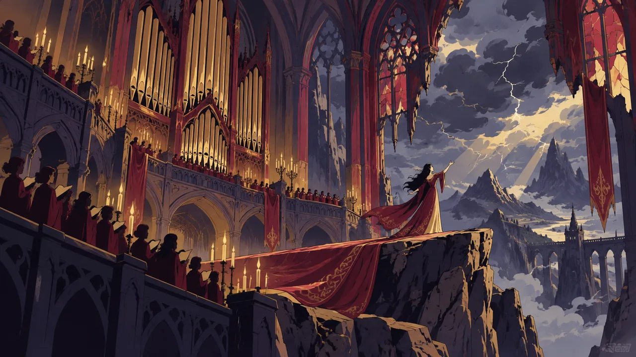 A gothic opera hall inside a mountain, giant pipe organ and choir balconies, an original singer in a gown on a cliff-like stage, storm clouds through broken stained glass.