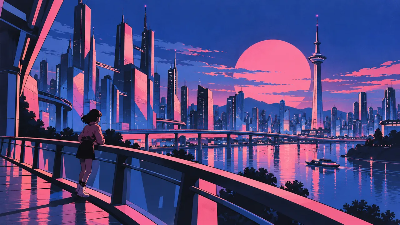 A 1980s vision of a future city at night, geometric towers and pink-blue neon, a lone figure on a footbridge looking toward a distant TV tower.