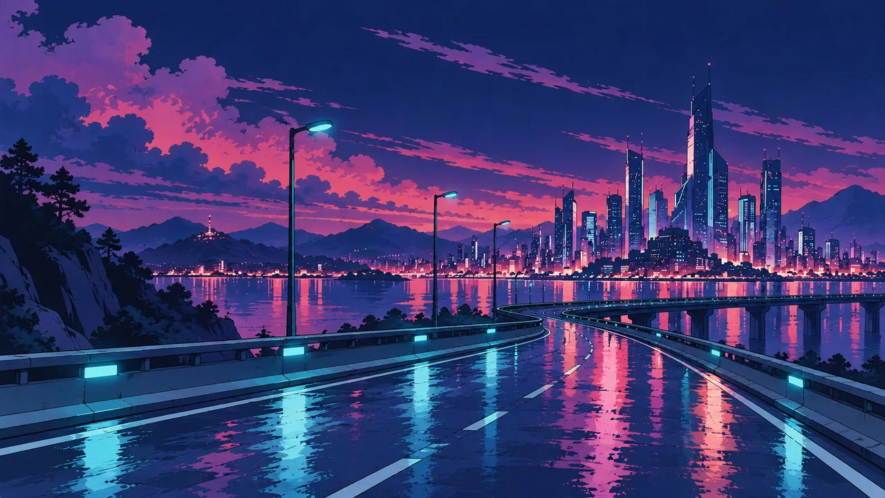An elevated highway at night leading to the city under pink-violet neon and cyan street lights