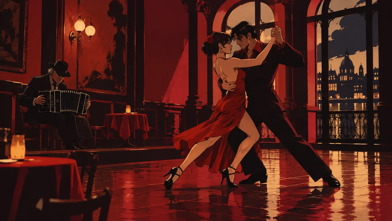 A Buenos Aires milonga hall at night, an original couple in a dramatic tango pose, a bandoneón player in the corner, dark red and black.