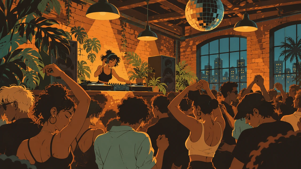 A DJ and dancers under warm lights in a brick loft after-party