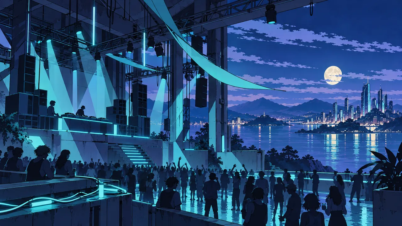 A city electronic studio connected to a night-time dance floor