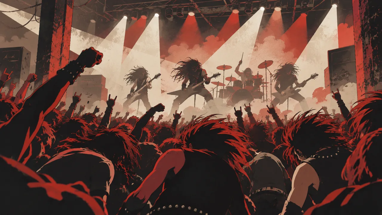 An underground club stage ringed by a moshpit, the band headbanging in unison, white strobes slicing the haze.