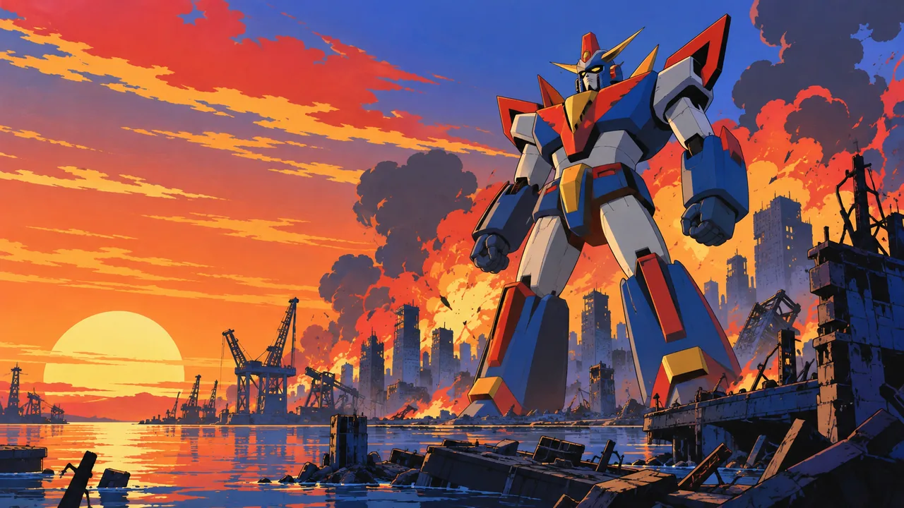 An original giant robot standing heroically in a ruined harbour city at sunset, explosions as flat shapes behind, determined pose.