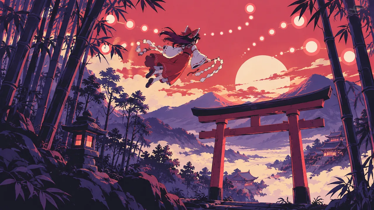 An original shrine maiden flying over a torii in a twilight bamboo forest, bullet-pattern-like flat light orbs in the sky.