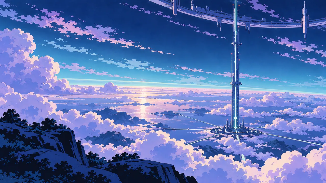 An orbital elevator rising above the clouds towards an opening horizon