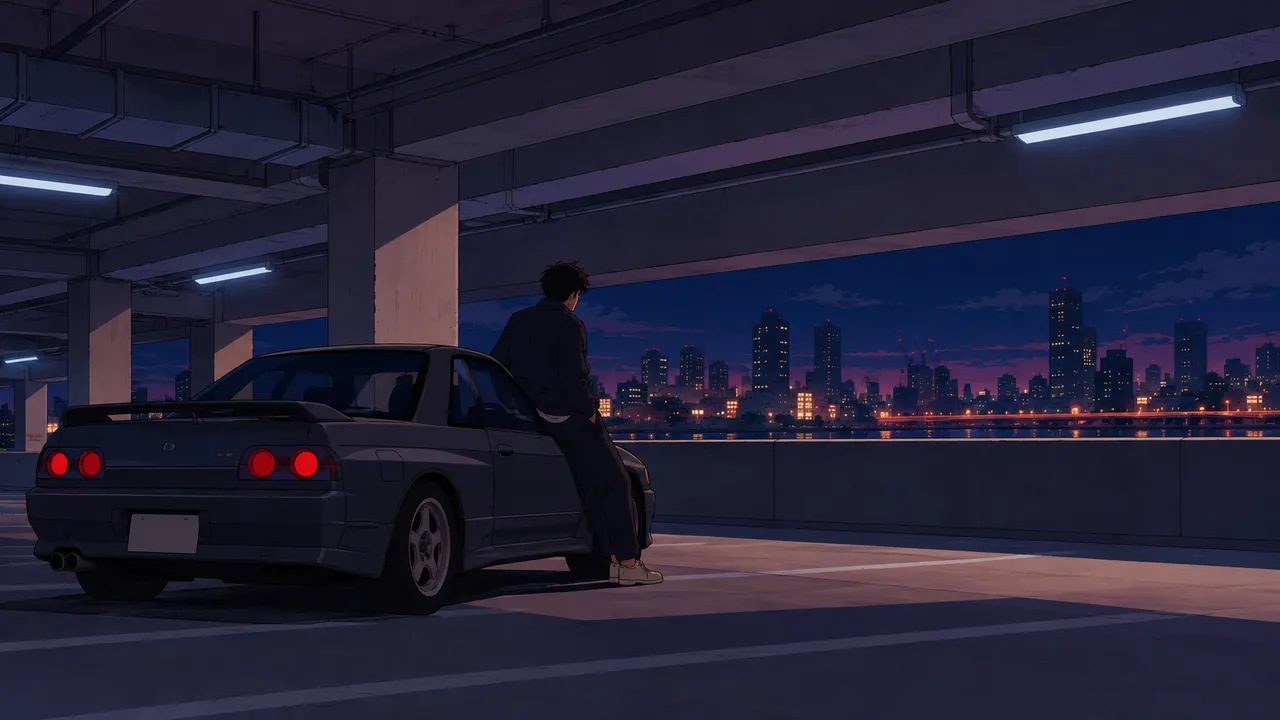 Low cars, a figure and narrow blue lights in a deep purple parking garage