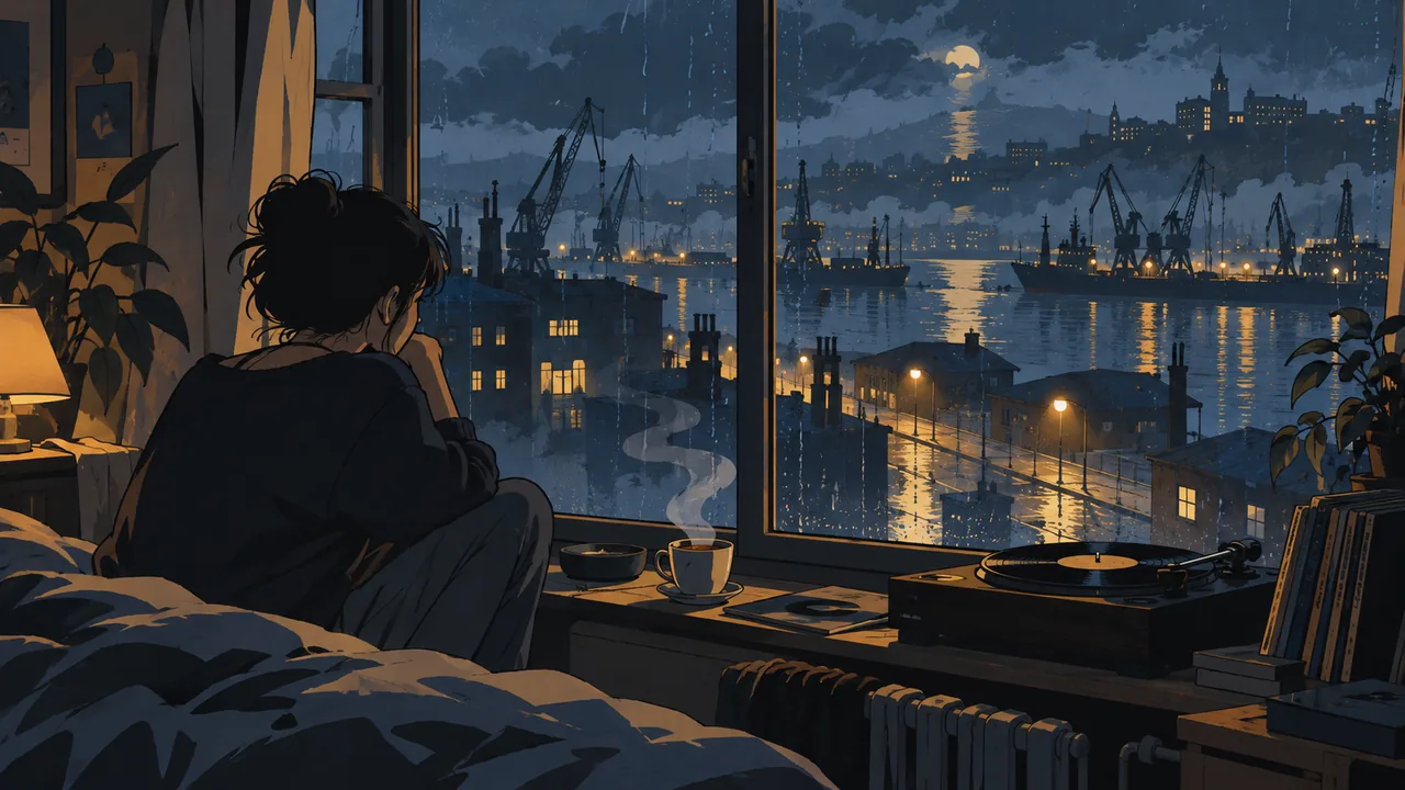 A rainy port city at night from a bedsit window, smoky blue streetlights, a record player and tea on the sill.