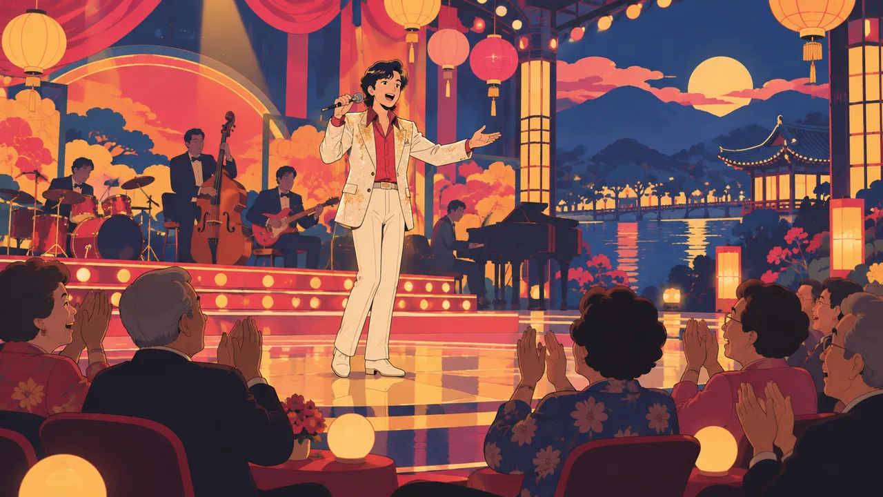 Une scène festive de variétés coréennes avec des lumières plates colorées et des lanternes en papier, un chanteur original dans un costume étincelant et un public plus âgé applaudissant.
