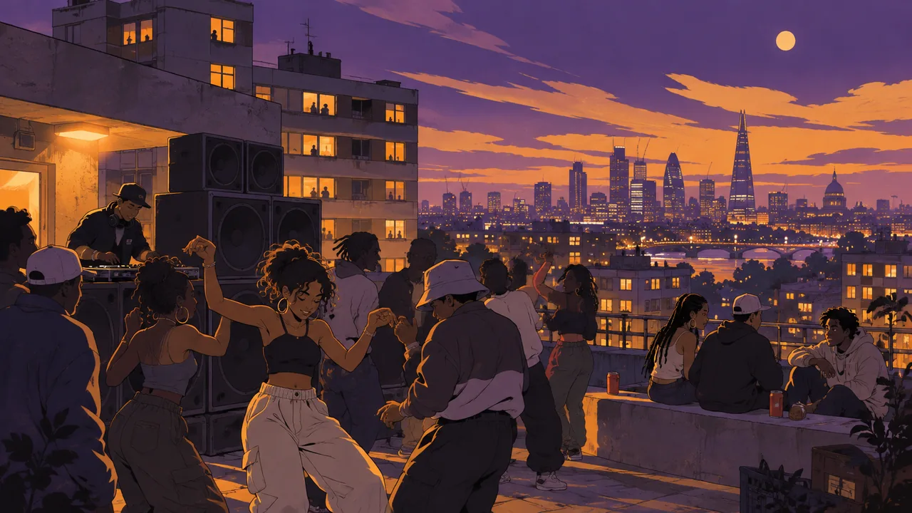 A London-style estate rooftop party at night, original friends dancing beside a speaker stack, city lights below.