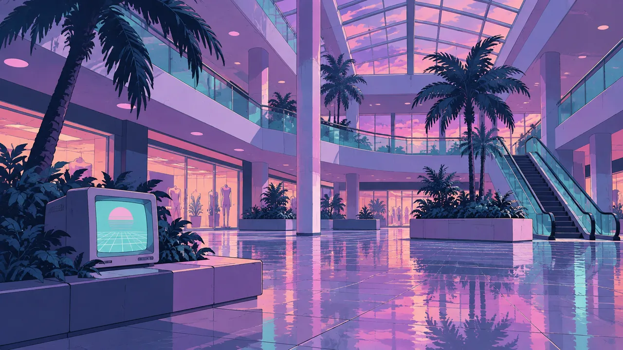 An empty pink-violet mall with an old monitor still lit