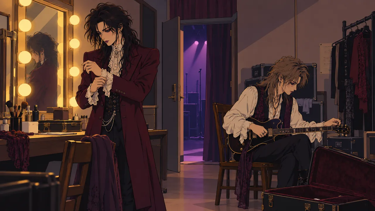 Backstage in an old theatre before a show: two original visual kei musicians adjust deep red coats and lace cuffs, the stage entrance reflected in a mirror.
