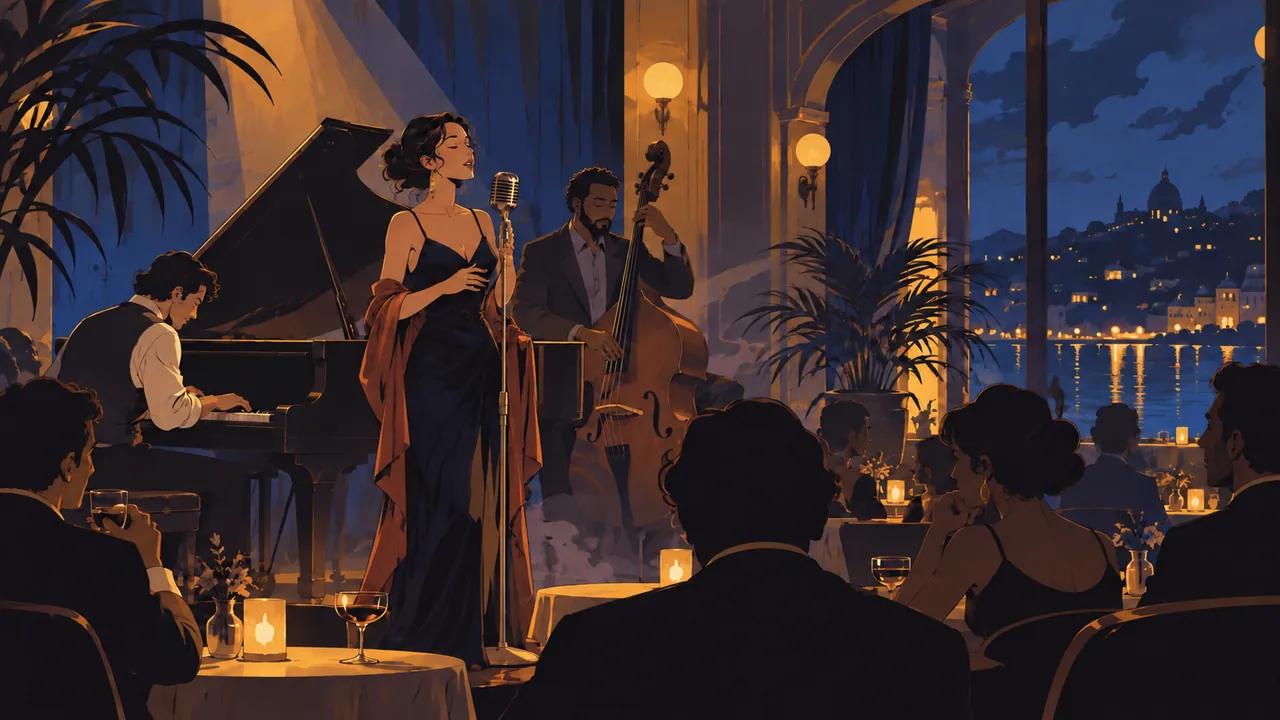A small jazz club with candlelit tables, an original singer in an elegant dress at a vintage mic, pianist and bassist behind, smoky blue and gold.