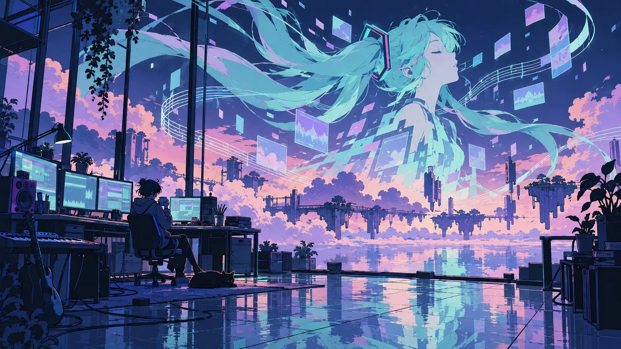 A virtual figure made of sound waves and drawings, surrounded by creators' workstations