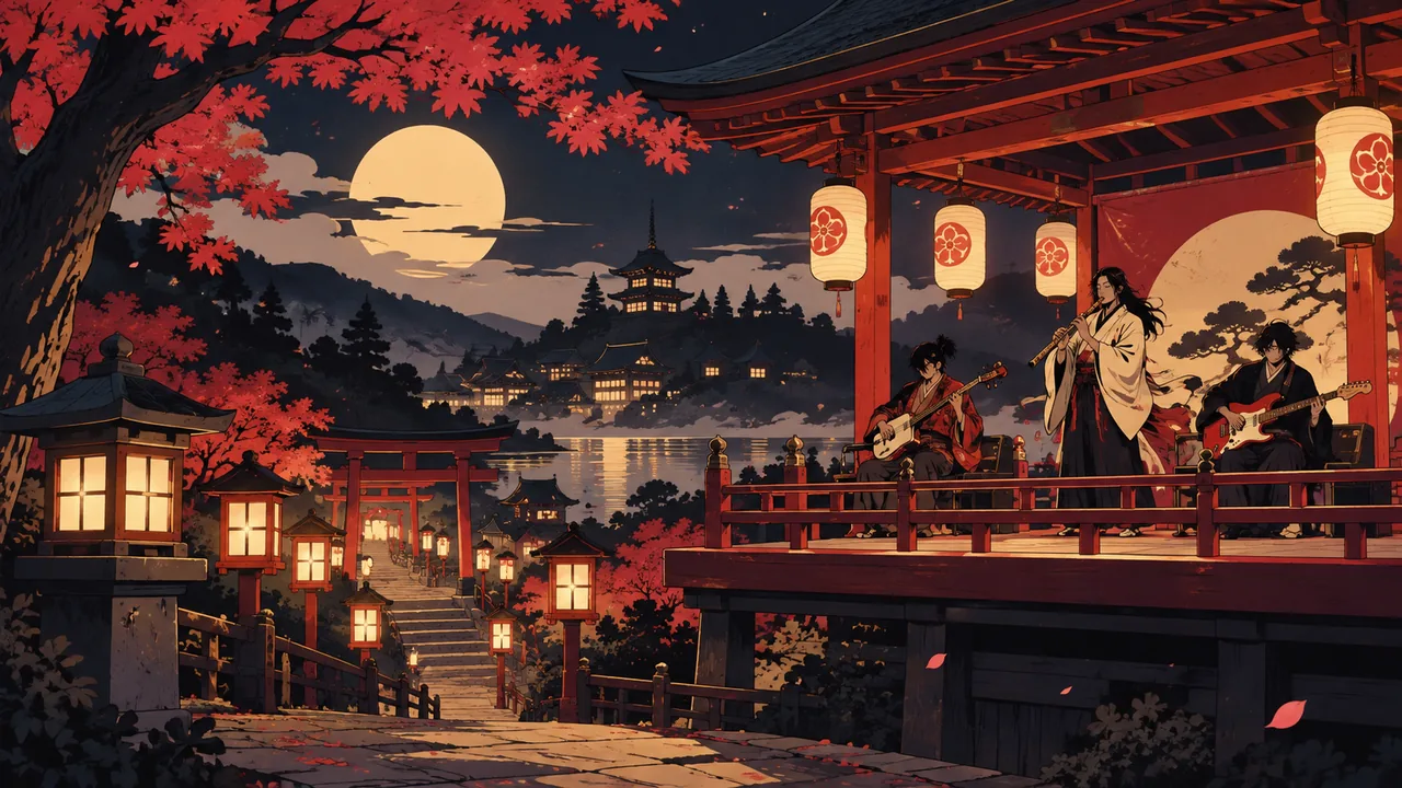 A Kyoto shrine path at night lined with lanterns, an original band with shamisen, shakuhachi and electric guitar on a wooden stage.