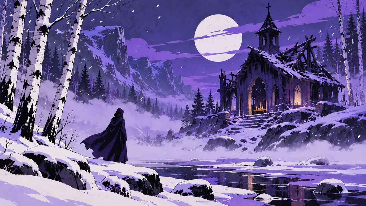 A ruined chapel by candlelight and a hooded figure in a snowy birch forest at midnight