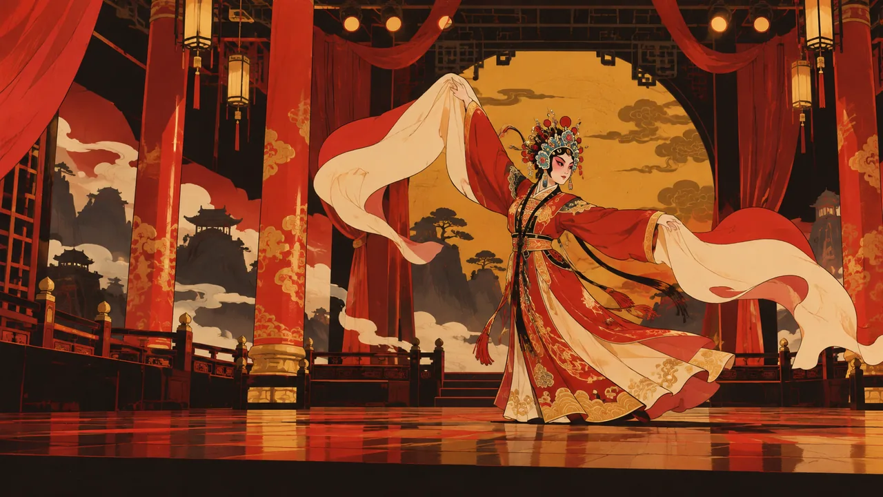 A traditional opera stage with red pillars and modern lights, an original performer in costume flinging water sleeves.